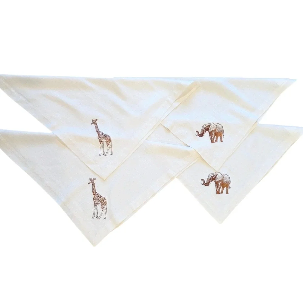 Vintage Embroidered Linen Safari Napkins Elephant Giraffe Set of 4 Cream Brown